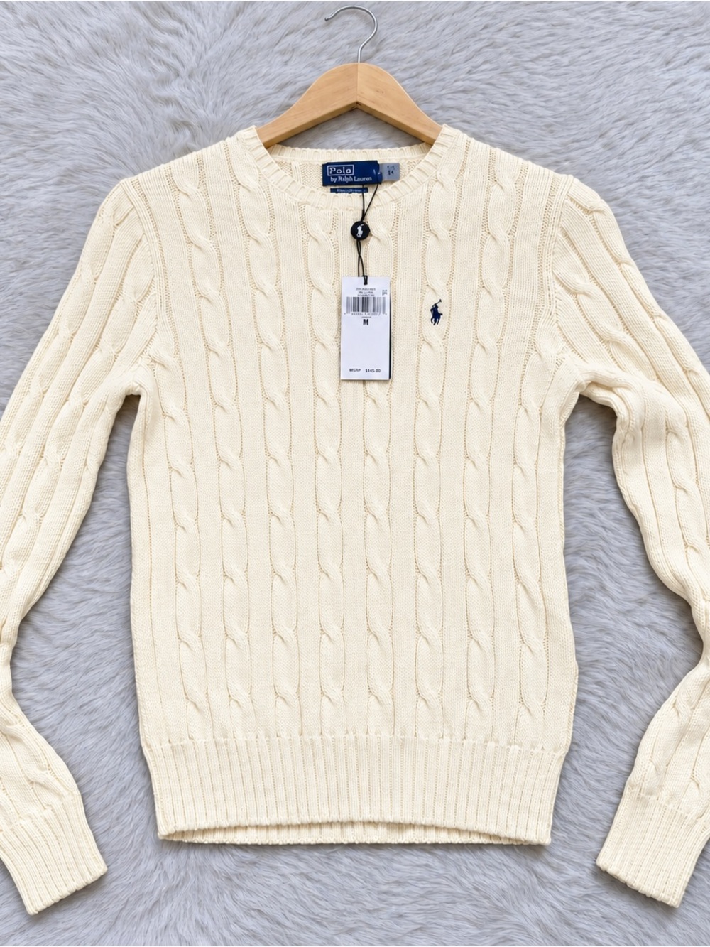NWT Ralph Lauren Cream Cable-Knit Crewneck Sweater parchment cream color, size M